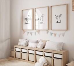 Set Of 3 Bunny Line Art Prints For Nursery, Rabbit Pictures Babies Bedroom, Black & White Kids Room Decor, Gender Neutral Playroom - thumbnail 1