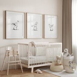 Set Of 3 Bunny Line Art Prints For Nursery, Rabbit Pictures Babies Bedroom, Black & White Kids Room Decor, Gender Neutral Playroom - thumbnail 2