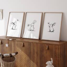 Set Of 3 Bunny Line Art Prints For Nursery, Rabbit Pictures Babies Bedroom, Black & White Kids Room Decor, Gender Neutral Playroom - thumbnail 3