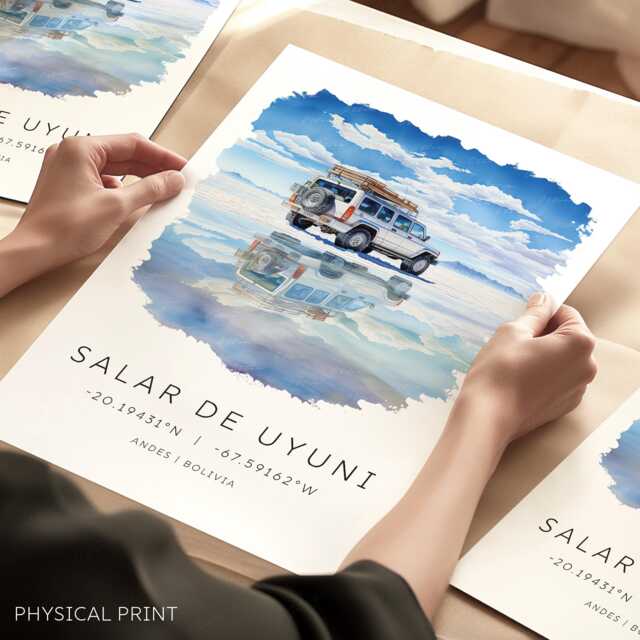 Salar De Uyuni Bolivia Salt Flats, Travel Wall Art, Poster Print, Watercolor Map Coordinates, South America - image 1
