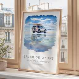 Salar De Uyuni Bolivia Salt Flats, Travel Wall Art, Poster Print, Watercolor Map Coordinates, South America - thumbnail 3