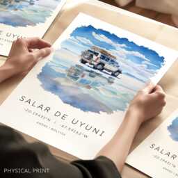 Salar De Uyuni Bolivia Salt Flats, Travel Wall Art, Poster Print, Watercolor Map Coordinates, South America - thumbnail 1