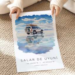 Salar De Uyuni Bolivia Salt Flats, Travel Wall Art, Poster Print, Watercolor Map Coordinates, South America - thumbnail 2