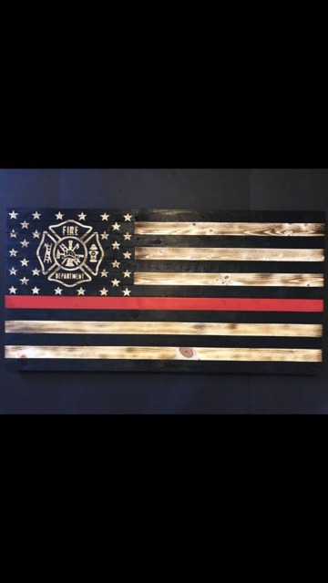 Wooden Red Line Flag with Maltese Cross Customizable Flag, Wood Burned Flag, Rustic Sign, Charred Firefighter Wall Decor - image 1
