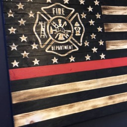 Wooden Red Line Flag with Maltese Cross Customizable Flag, Wood Burned Flag, Rustic Sign, Charred Firefighter Wall Decor - thumbnail 2