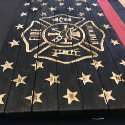 Wooden Red Line Flag with Maltese Cross Customizable Flag, Wood Burned Flag, Rustic Sign, Charred Firefighter Wall Decor - thumbnail 3