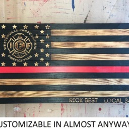 Wooden Red Line Flag with Maltese Cross Customizable Flag, Wood Burned Flag, Rustic Sign, Charred Firefighter Wall Decor - thumbnail 4