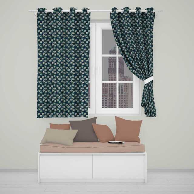 White Wildflowers Dense Botanical Dark Blue Seamless Pattern Elegant Floral Readymade Eyelet Ring Top Thermal 100% Blackout Curtains - image 1