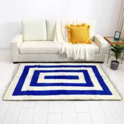 Blue Moroccan Rug Handwoven Wool Carpet, Striped Berber Design - thumbnail 3