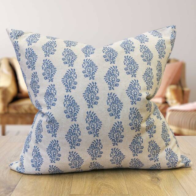 Hidcote Extra-Large Linen-Blend Cushion Cover in Indigo Blue. Vintage Floral Emblems On A Linen Mix Cover. 23X23 - image 1