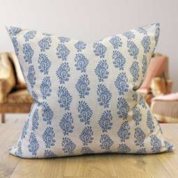 Hidcote Extra-Large Linen-Blend Cushion Cover in Indigo Blue. Vintage Floral Emblems On A Linen Mix Cover. 23X23 - thumbnail 1