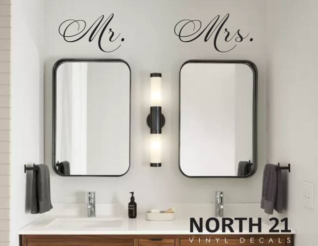 Mr. & Mrs. Wall Decal, Bathroom Mirror Mrs., Decal, Master Bedroom Art, His Hers - image 1