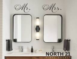Mr. & Mrs. Wall Decal, Bathroom Mirror Mrs., Decal, Master Bedroom Art, His Hers - thumbnail 1