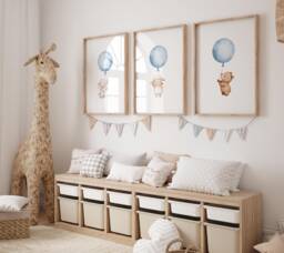 Nursery Balloon Wall Art, Prints, Animal Decor, Bear, Rabbit, Elephant Nursery, Set Of 3 - thumbnail 1