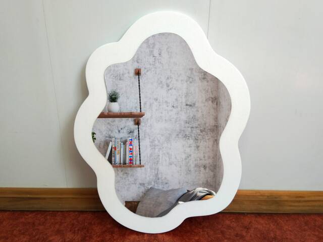 Snow White Oval Wavy Mirror For Wall, Asymmetrical Vanity Mirror, White Wood Squiggle Housewarming Gift Idea - image 1