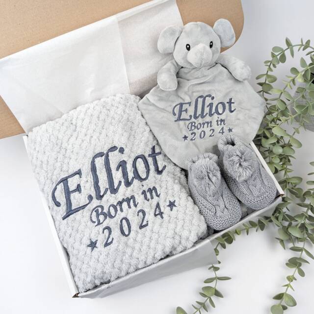Embroidered Elephant Comforter Blanket Gift Set - Baby Shower Booties Newborn Girl Boy - image 1