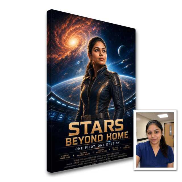 Personalised Sci-Fi Movie Canvas From Photo, Custom Title Subtitle Space Captain Wall Art Gift For Film Fans Birthday Room Decor - image 1