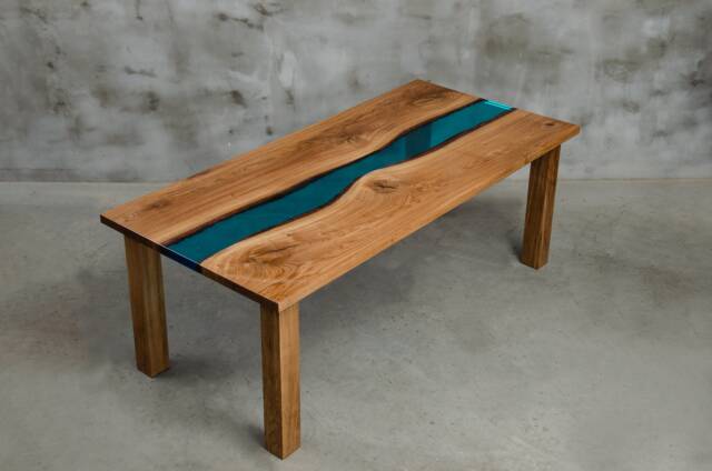 Custom Resin Table Made Of Aok Wood, Wooden Dining With Blue Resin, Epoxy Table, River Legs, Wood Table - image 1