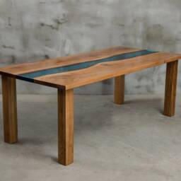 Custom Resin Table Made Of Aok Wood, Wooden Dining With Blue Resin, Epoxy Table, River Legs, Wood Table - thumbnail 2