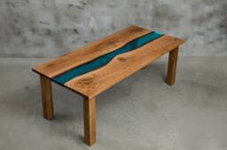 Custom Resin Table Made Of Aok Wood, Wooden Dining With Blue Resin, Epoxy Table, River Legs, Wood Table
