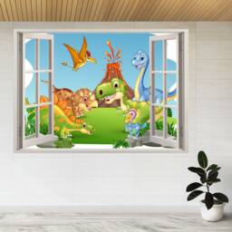 Cartoon Happy Dinosaurs in Jungle 3D Window View Wall Sticker Poster Decal A974