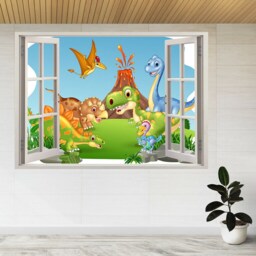 Cartoon Happy Dinosaurs in Jungle 3D Window View Wall Sticker Poster Decal A974 - thumbnail 2