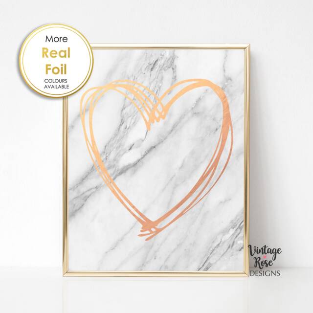 Marble Print, Scribble Heart, & Rose Gold Bedroom Decor, Real Foil Heart Kiss Gift For Her - image 1