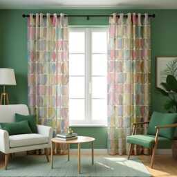 Pastel Geometric Curtains, Soft Retro Oval Print Drapes, Mid Century Modern Grommet Panels, Light Colorful Window Treatment - thumbnail 2