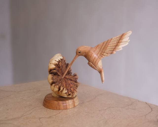 Wooden Hummingbird Feeding On A Flower, Handmade Sculpture, Wood Carving Figure, Bird Statue, Art, Colibri, Unique Decor, Gift For Mom - image 1
