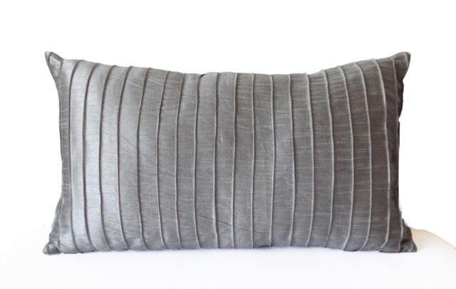 Grey Faux Silk Pleated Textured Pillow Cover, Lumbar Pillow, Cushion, Gray Decorative Housewarming Gift Hostess Bed - image 1