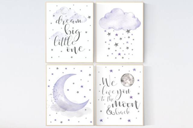 Purple Nursery Wall Art Lavender Moon, Stars Print - image 1