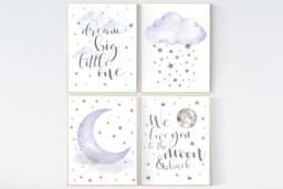 Purple Nursery Wall Art Lavender Moon, Stars Print - thumbnail 1