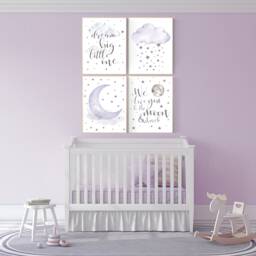 Purple Nursery Wall Art Lavender Moon, Stars Print - thumbnail 2