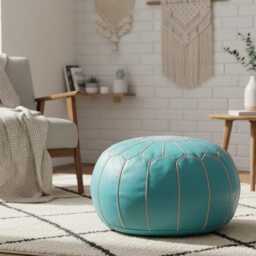 Next Day Delivery Prefilled Handmade Moroccan Leather Pouf Ottoman Neutral Round Footstool - thumbnail 2