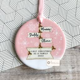 Personalised First Christmas As A Family Mummy Daddy Gift New Baby Snowflake Signpost Ceramic Or Acrylic Round Ornament Keepsake