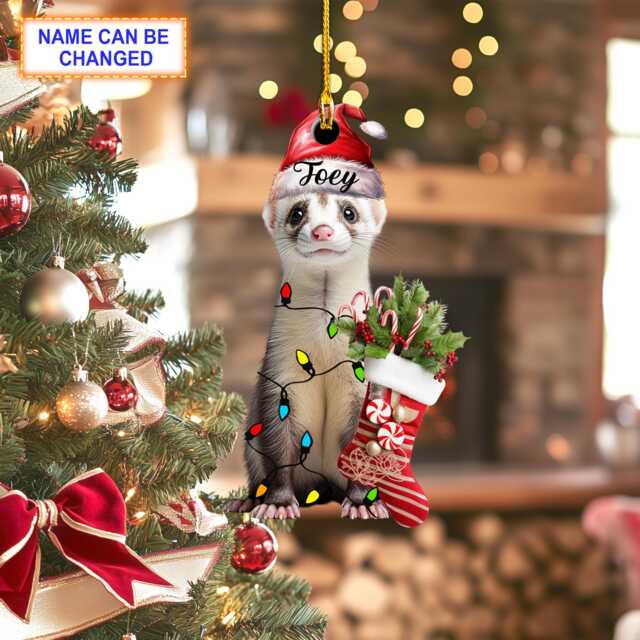 Custom Name Cute Sitting Ferret With Santa Hat Christmas Lights Ornament, Tree Hanging Decor, Flat 2D Ornament - image 1