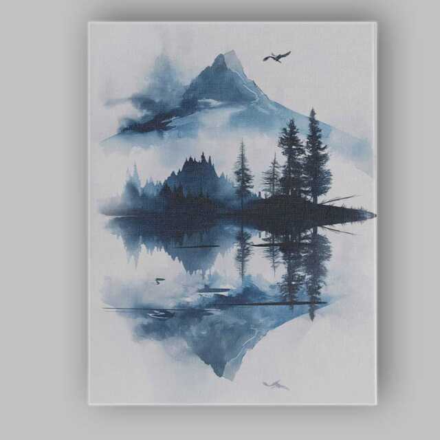 Blue Watercolour Mountain Pine Forest Reflection Landscape Canvas Wall Art Print Decor Picture Ready To Hang - image 1