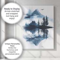 Blue Watercolour Mountain Pine Forest Reflection Landscape Canvas Wall Art Print Decor Picture Ready To Hang - thumbnail 3
