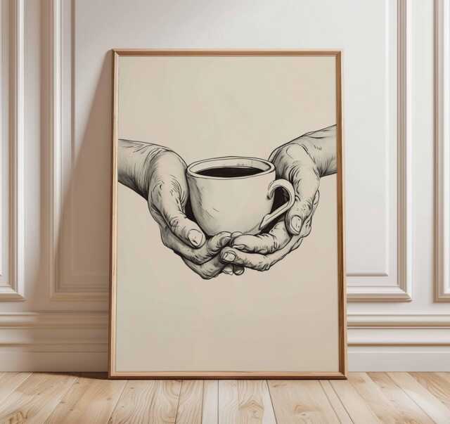 Coffee Poster Minimalist Black & White Wall Art Hands Holding Cup Kitchen Cafe Print - image 1