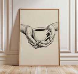 Coffee Poster Minimalist Black & White Wall Art Hands Holding Cup Kitchen Cafe Print - thumbnail 1