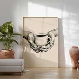 Coffee Poster Minimalist Black & White Wall Art Hands Holding Cup Kitchen Cafe Print - thumbnail 3