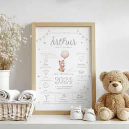 The Day You Were Born Personalised Bear Baby Keepsake Print - New Boy Girl Unisex Gift Birth Details Blue, Pink, Grey - thumbnail 2
