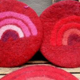 Handfelted Seat Cushion With Coloured Pattern Mix On Red - thumbnail 3