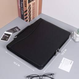 Personalized Black Full Cowhide Leather Portfolio With Handle, Genuine Padfolio Zipper, Document Organizer For Him, Gifts Men - thumbnail 3