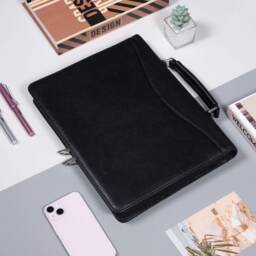 Personalized Black Full Cowhide Leather Portfolio With Handle, Genuine Padfolio Zipper, Document Organizer For Him, Gifts Men