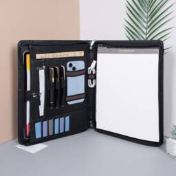 Personalized Black Full Cowhide Leather Portfolio With Handle, Genuine Padfolio Zipper, Document Organizer For Him, Gifts Men - thumbnail 2
