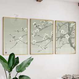 Japanese Cherry Blossom Wall Art Set Of 3 - Minimalist Floral Prints White Plum Artwork Elegant Zen Decor - thumbnail 2