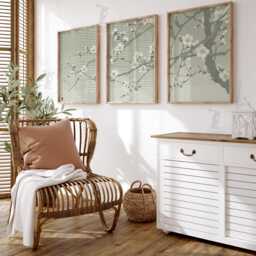 Japanese Cherry Blossom Wall Art Set Of 3 - Minimalist Floral Prints White Plum Artwork Elegant Zen Decor - thumbnail 3