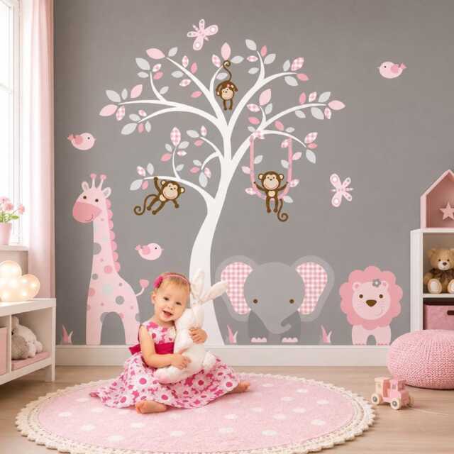 Jungle Animal Wall Decals Pink & Gray Safari Nursery Decor - image 1