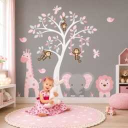 Jungle Animal Wall Decals Pink & Gray Safari Nursery Decor - thumbnail 1